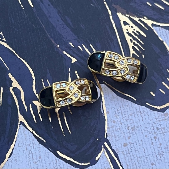 Vintage 90s Elegant Gold and Black Enamel Crystal Clip Earrings A3 - Picture 1 of 8